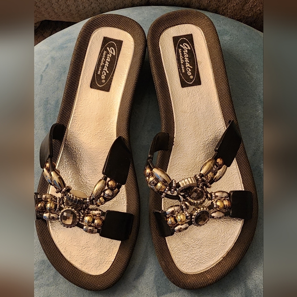 Grandco Beaded Jeweled Slide-on Sandals Beach Pool Wedge Bling Women's Sz 8